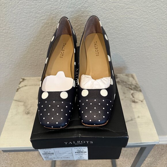 Talbots Indigo Blue/TA Ivory Claire Blue and White Polka Dot Heels - Picture 1 of 9